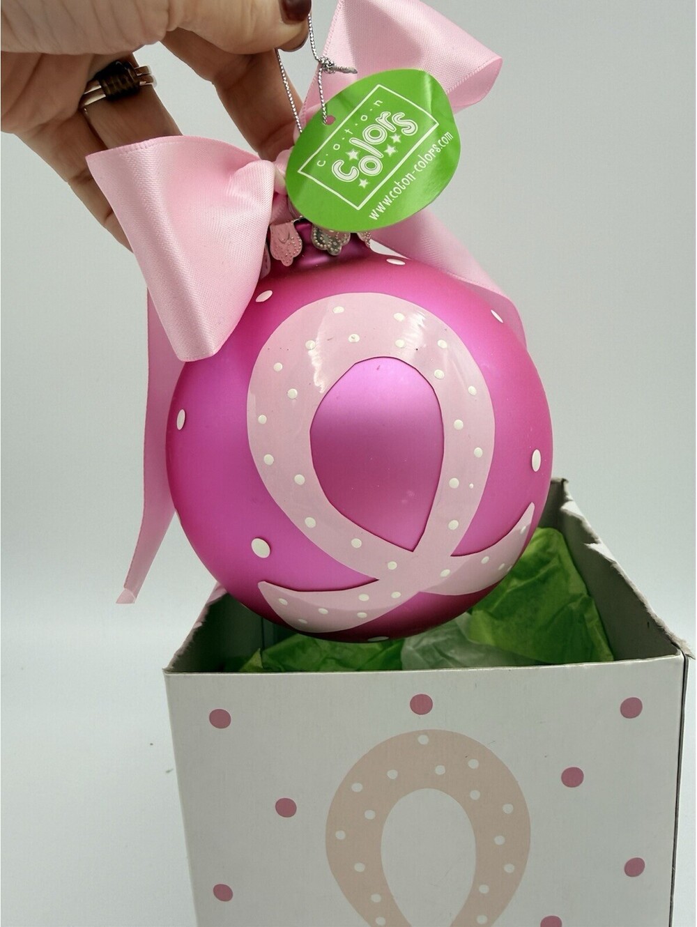 Coton Colors Happy Everything Ornament ‘Brst Cancer Ribbon ‘ 4in dia in Gift Box